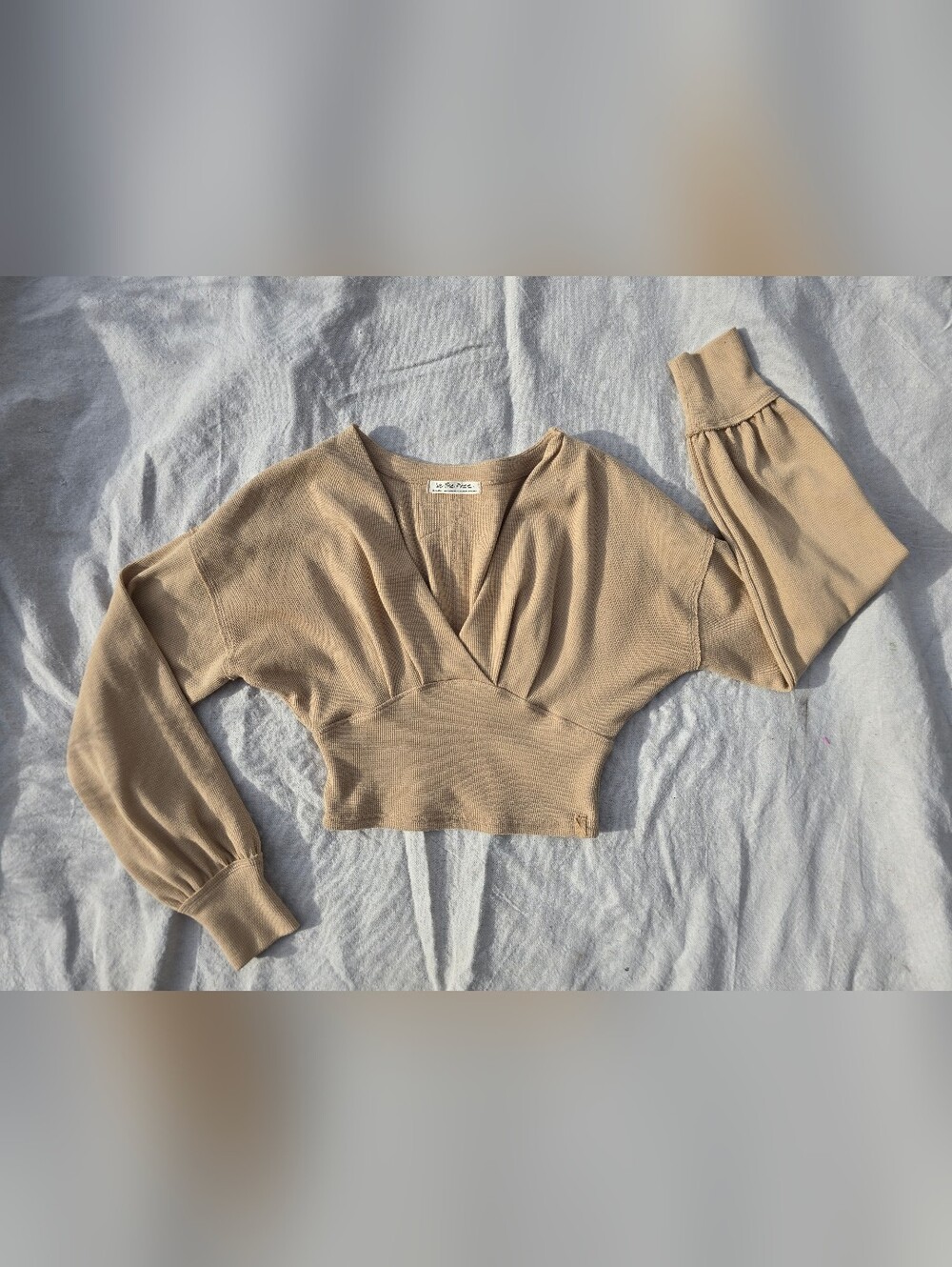 We The Free Cropped Taupe Ribbed V-Neck Pullover